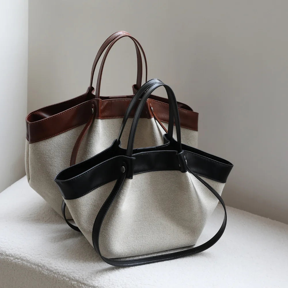 Genuine leather spliced cotton rucai basket bag 2025 new design large capacity handbag fashion women's one-shoulder tote bag