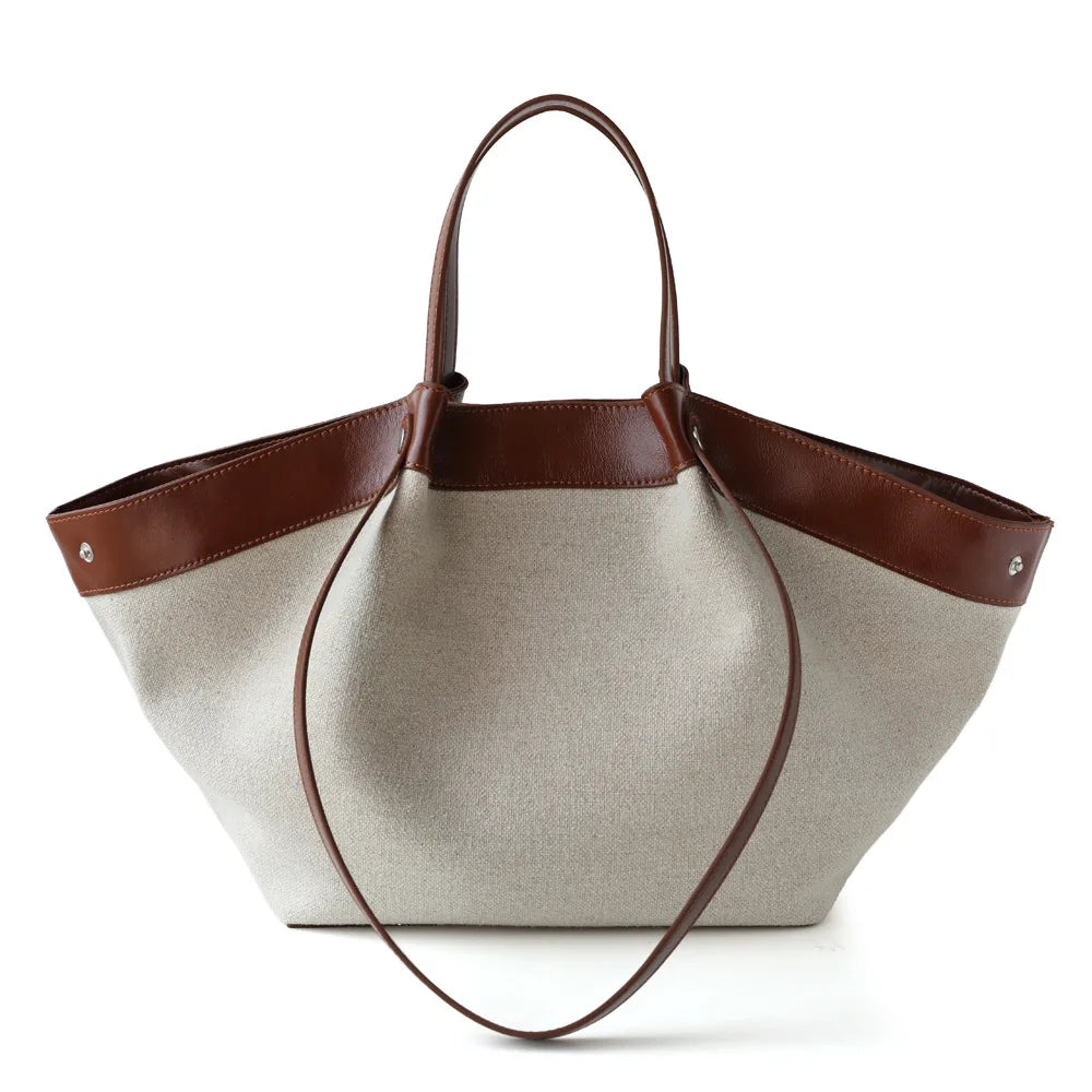 Genuine leather spliced cotton rucai basket bag 2025 new design large capacity handbag fashion women's one-shoulder tote bag