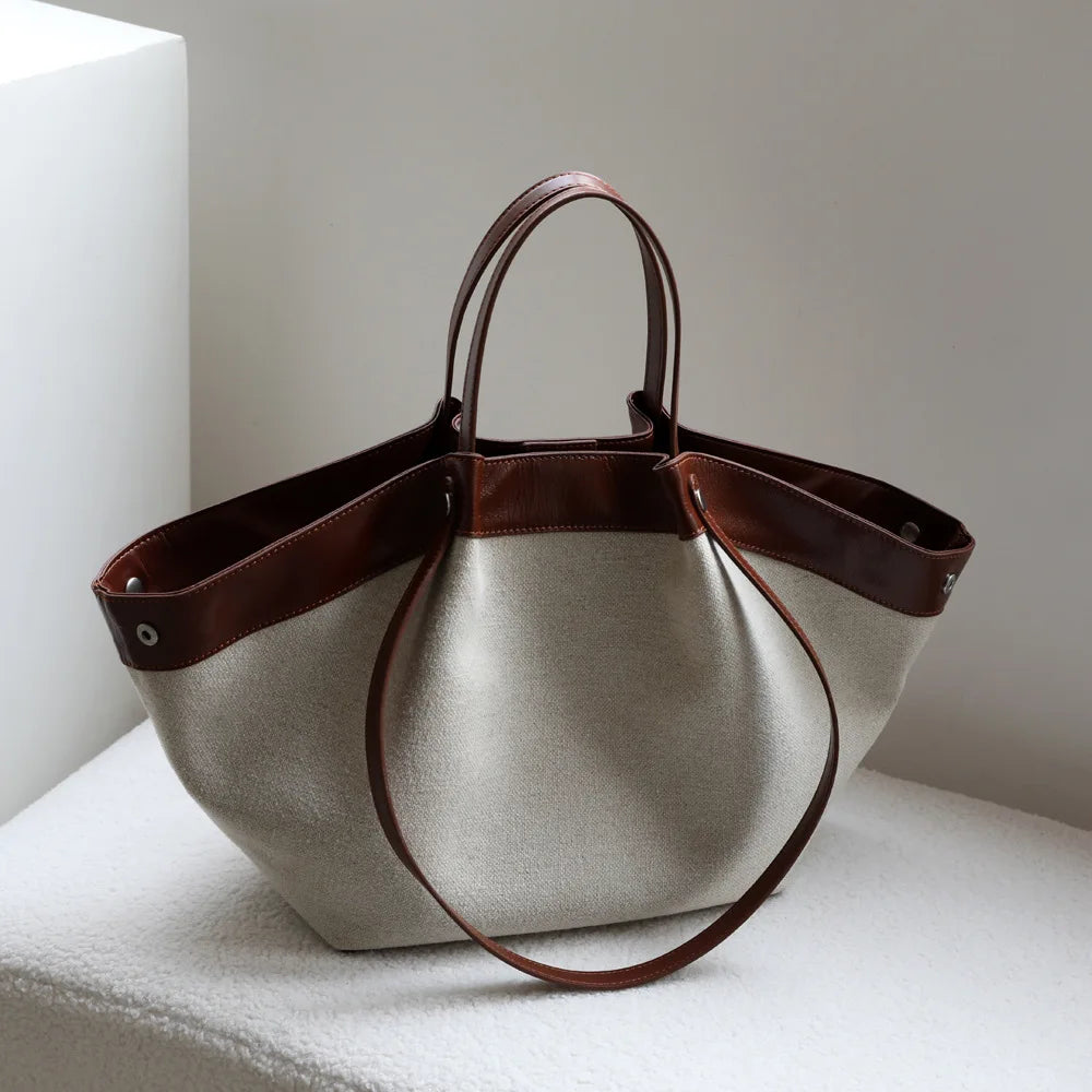 Genuine leather spliced cotton rucai basket bag 2025 new design large capacity handbag fashion women's one-shoulder tote bag